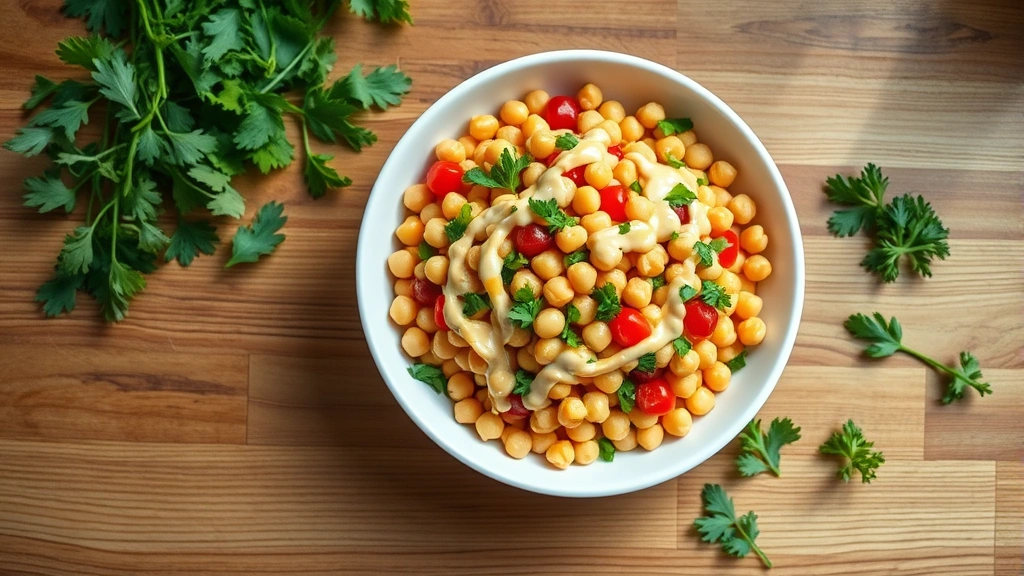 hero: overhead shot of vibrant chickpea salad in white bowl, colorful vegetables visible, tahini dressing drizzled on top, fresh herbs scattered, natural daylight from window, wooden table background, no text or watermarks
