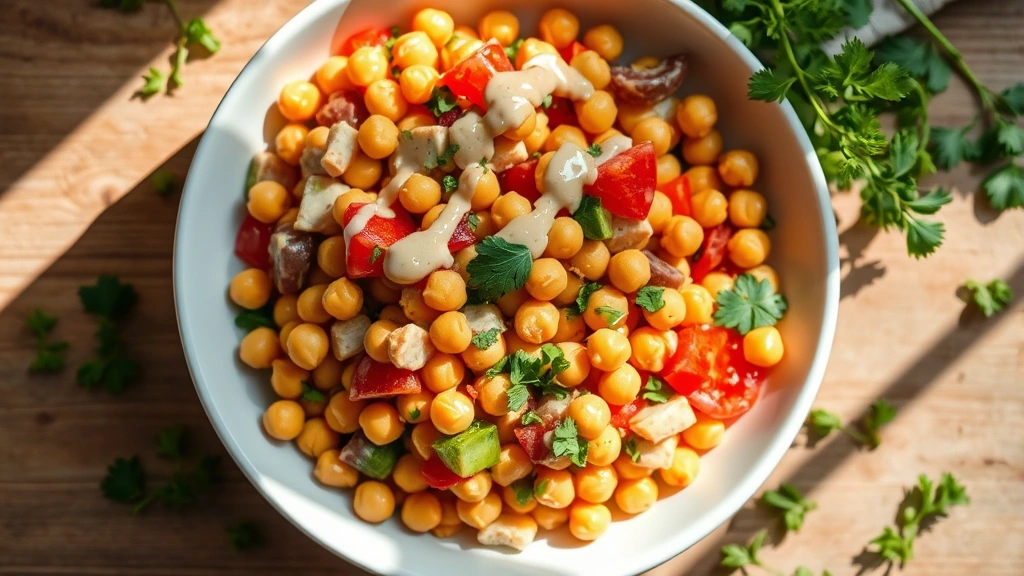 hero: overhead shot of vibrant chickpea salad in white bowl, colorful vegetables visible, tahini dressing drizzled on top, fresh herbs scattered, natural daylight from window, wooden table background, no text or watermarks