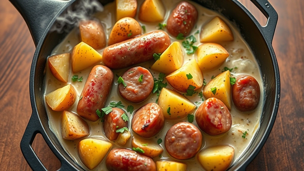 hero: overhead shot of finished kielbasa and potatoes in a cast iron skillet, golden crispy potatoes and browned kielbasa in creamy sauce, garnished with fresh green herbs, warm golden hour lighting, steam rising, no text