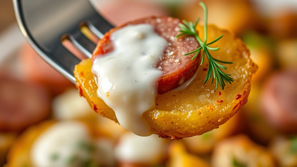detail: extreme close-up of a fork holding a piece of crispy golden potato with kielbasa slice, creamy sauce clinging to it, fresh dill garnish, shallow depth of field, warm lighting, no text