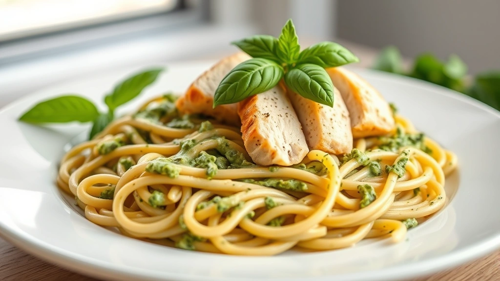 hero: pesto chicken pasta on white plate, creamy green sauce coating pasta strands, sliced chicken breast on top, fresh basil garnish, natural window light, shallow depth of field, photorealistic, appetizing presentation