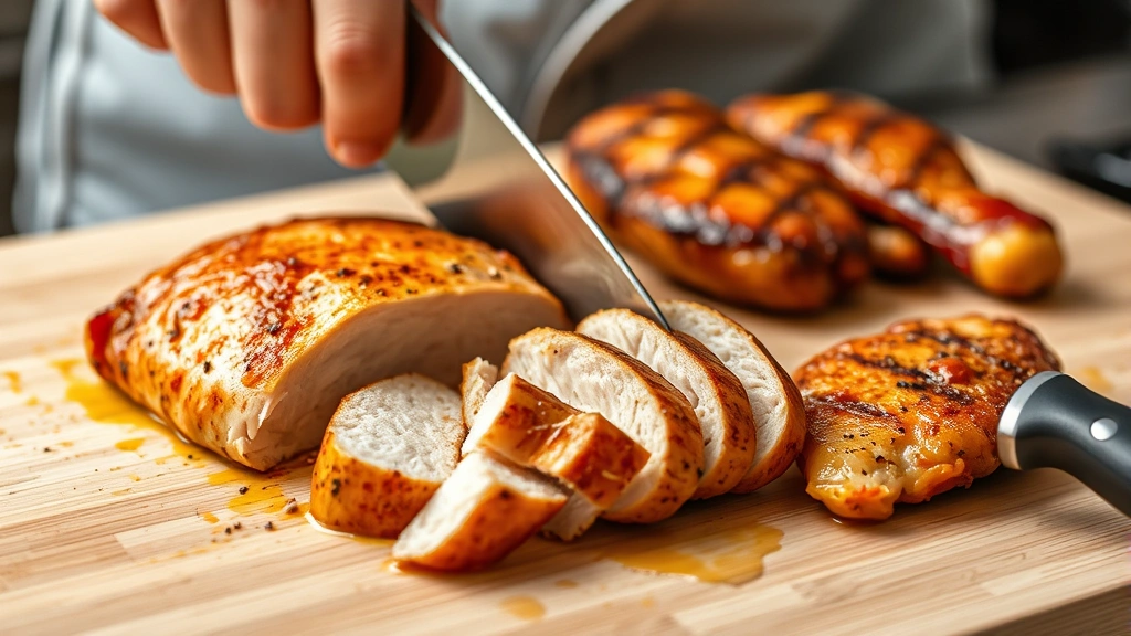 process: chicken breast being sliced on cutting board, golden-brown cooked chicken, sharp chef's knife, natural kitchen lighting, photorealistic, detailed food photography