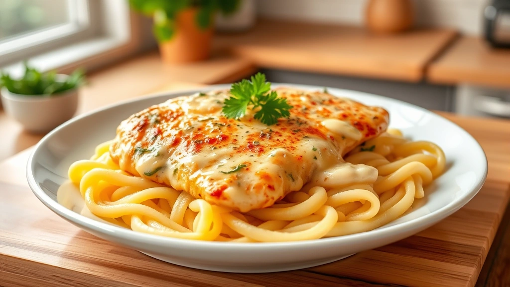 hero: Philadelphia cream cheese chicken on white plate with egg noodles, golden chicken breast in creamy sauce, fresh parsley garnish, soft window lighting, overhead shot, cozy kitchen background
