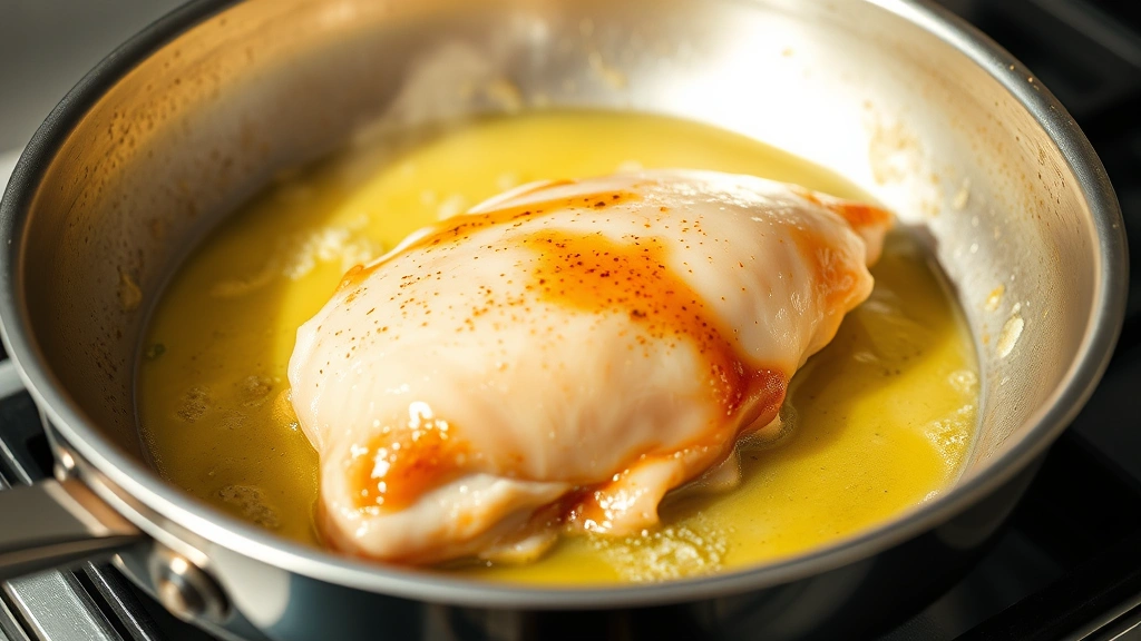 process: searing chicken breast in butter in stainless steel skillet, golden brown crust forming, steam rising, natural daylight, close angle showing technique
