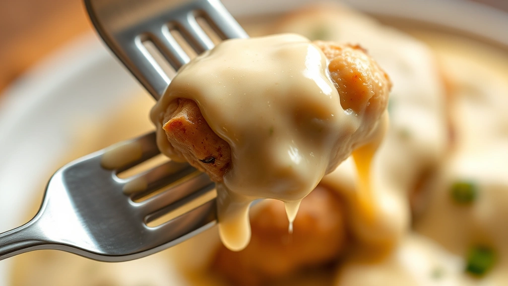detail: close-up macro shot of creamy Philadelphia cheese sauce coating fork with chicken, sauce dripping slowly, shallow depth of field, warm natural light highlighting texture