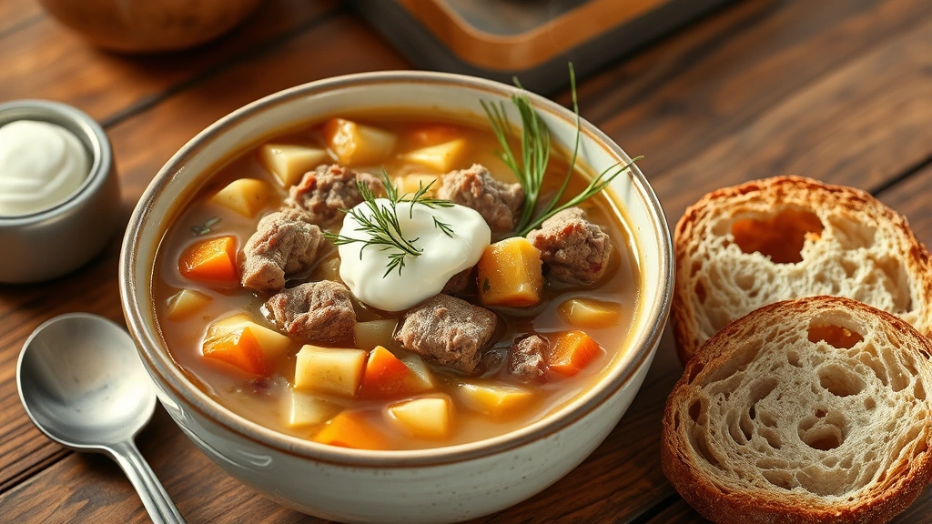 hero: bowl of sauerkraut soup with tender meat and vegetables, topped with sour cream and fresh dill, crusty bread beside bowl, warm golden lighting, steam rising, rustic wooden table, no text