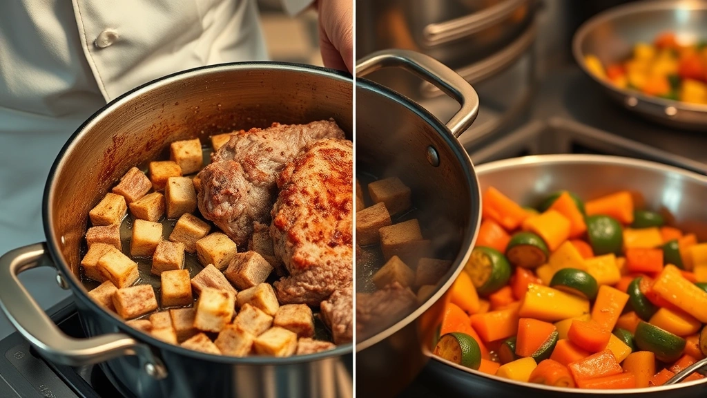 process: chef browning cubed meat in Dutch oven, golden crust forming, vegetables sautéing nearby, warm kitchen lighting, action shot, professional food photography, no text