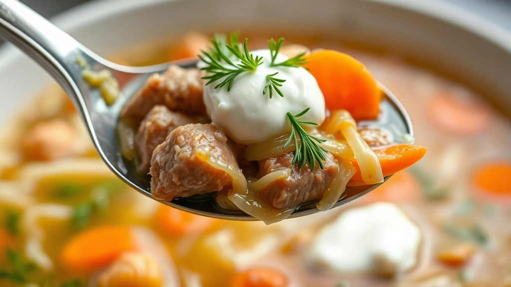 detail: close-up spoonful of sauerkraut soup showing tender meat, sauerkraut strands, carrots and broth, dollop of sour cream on top, fresh dill garnish, shallow depth of field, natural window lighting, no text