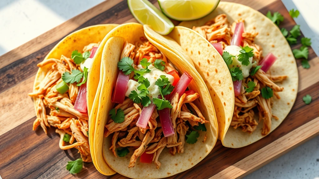 hero: beautiful plated shredded chicken tacos with fresh toppings, melted cheese, cilantro, lime wedges, warm corn tortillas, vibrant colors, natural daylight streaming from left, overhead angle, rustic wooden serving board, no text or branding