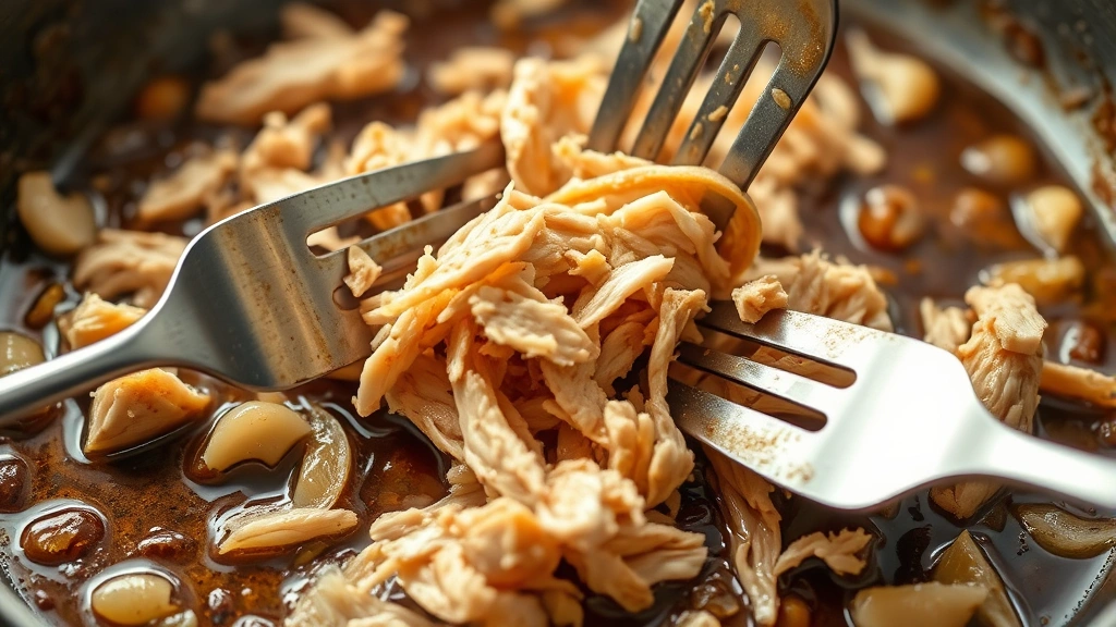 process: close-up of shredding chicken with two forks in a skillet with rich brown sauce, steam rising, garlic and onions visible, natural warm lighting, shallow depth of field, no text
