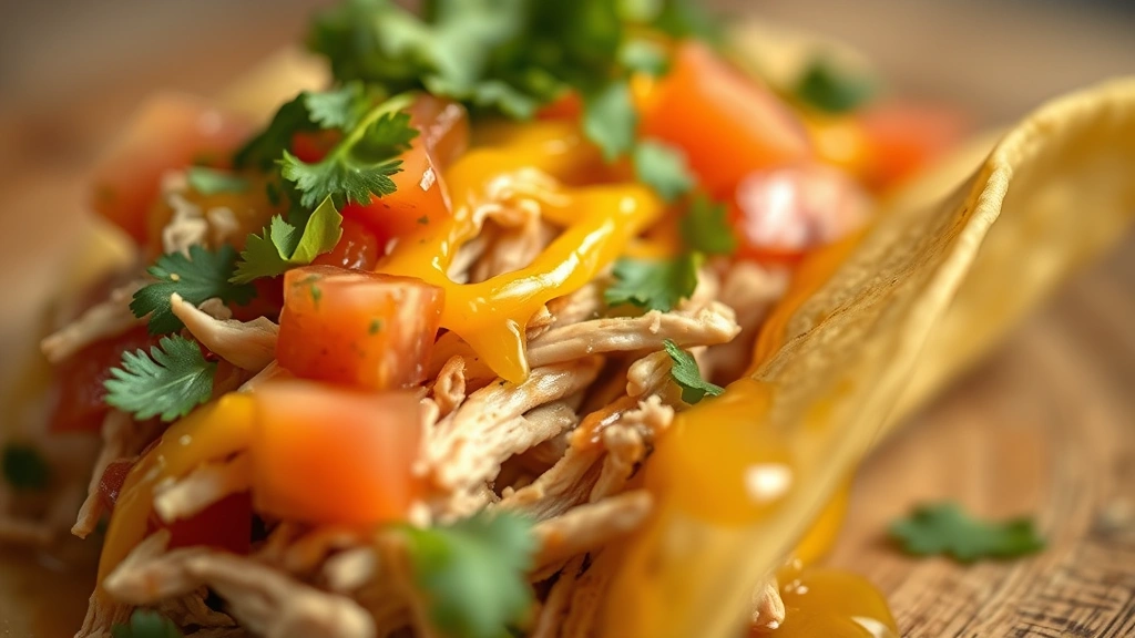 detail: extreme close-up of a single taco with shredded chicken, melted cheese, fresh cilantro, diced tomato, and lime juice dripping, shallow focus, warm natural light highlighting textures, no text