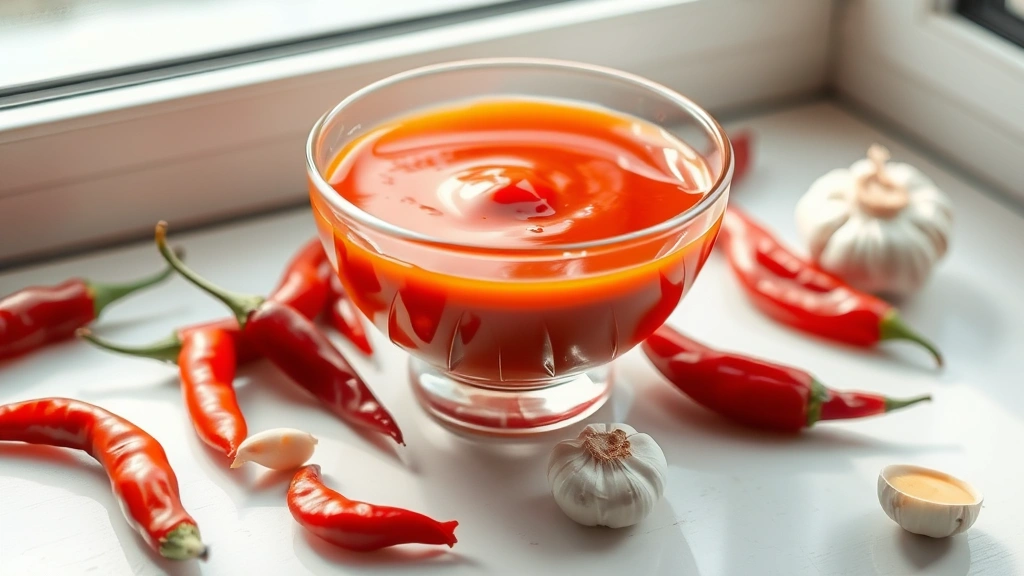 hero: glossy sweet chili sauce in a glass bowl with fresh red chilies and garlic scattered around, golden-red color, photorealistic, natural window light, no text, minimalist styling