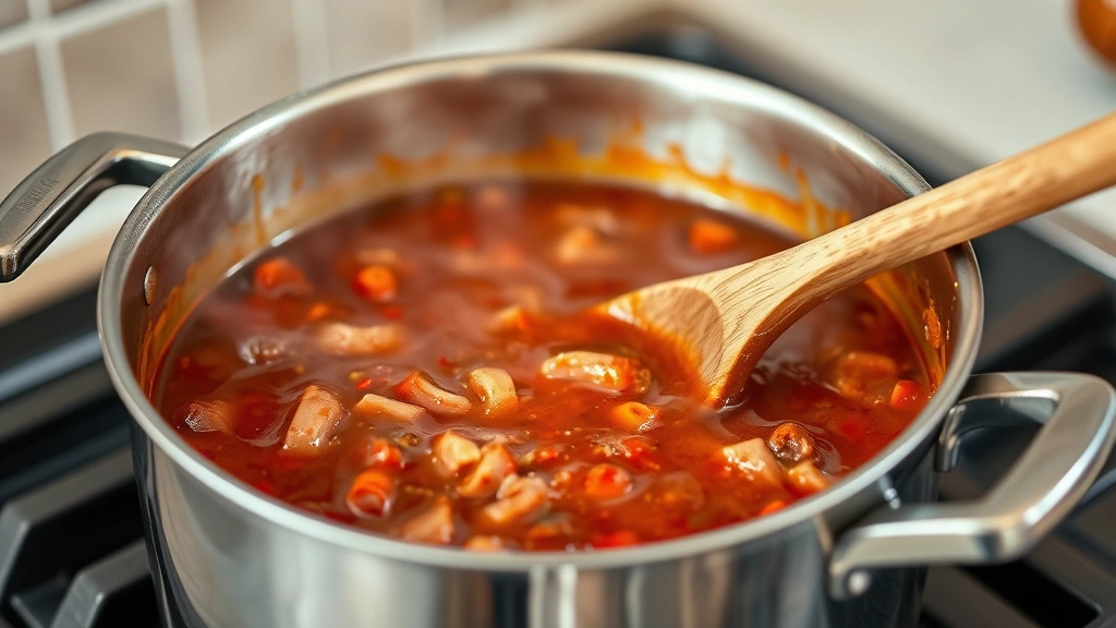 process: saucepan on stovetop with bubbling chili sauce, steam rising, wooden spoon stirring, fresh chilies visible, photorealistic, natural kitchen light, no text