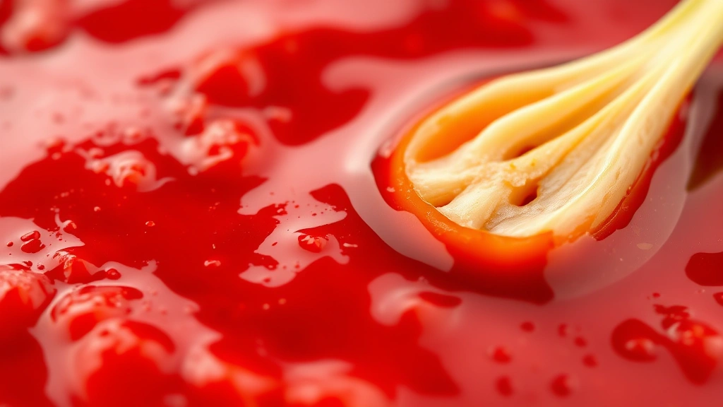detail: close-up macro of vibrant red chili sauce, glossy texture, fresh chili pepper slice and garlic clove floating on surface, photorealistic, natural light, no text