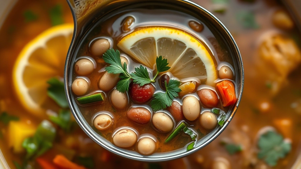 detail: close-up overhead shot of ladle full of vegetable broth soup with beans and vegetables, fresh herbs and lemon wedge visible, warm lighting, shallow depth of field