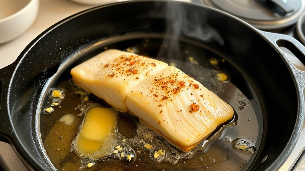 process: fish fillet sizzling in cast iron skillet with melted butter and garlic, mid-cook, steam rising, natural kitchen lighting