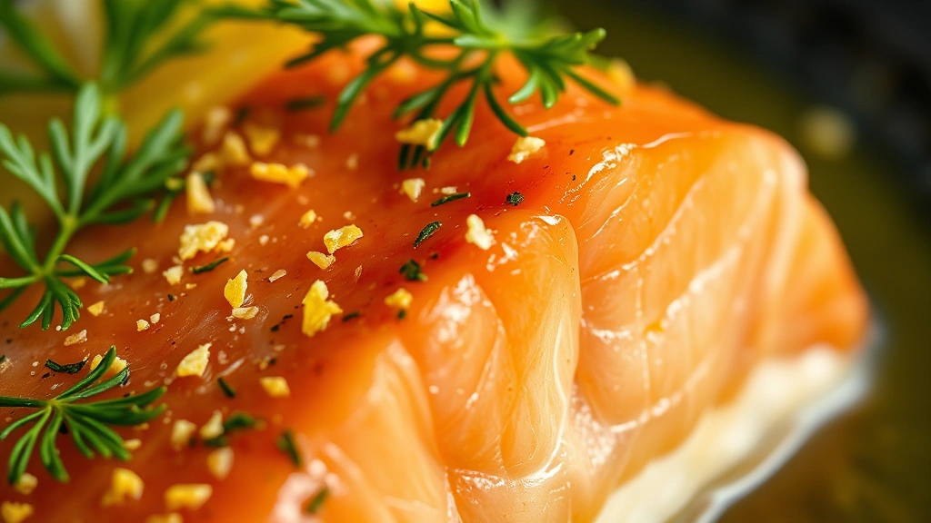 detail: close-up of red fish flake texture, lemon zest, fresh dill and parsley, golden butter sauce, macro photography, warm natural light