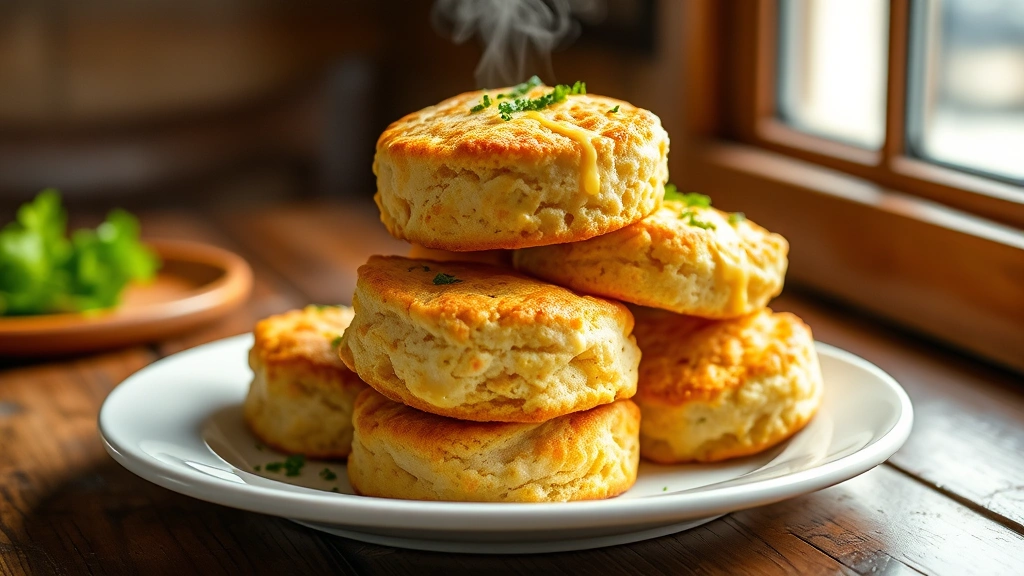 hero: Golden-brown Red Lobster-style cheddar bay biscuits stacked on a white plate, brushed with garlic herb butter with visible flakes of parsley, warm steam rising, soft natural window light, rustic wooden table background, no text