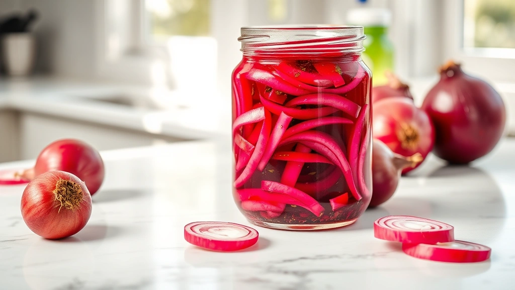 hero: vibrant ruby-red pickled onions in a clear glass jar with spices visible, sitting on a white marble countertop with fresh red onions beside it, bright natural window light, professional food photography