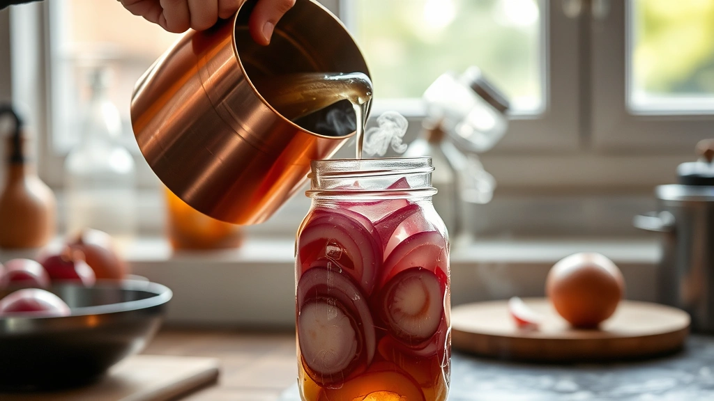 process: hands pouring hot brine from a copper saucepan into a glass jar filled with sliced red onions, steam rising, soft natural light from kitchen window, artisanal cooking moment