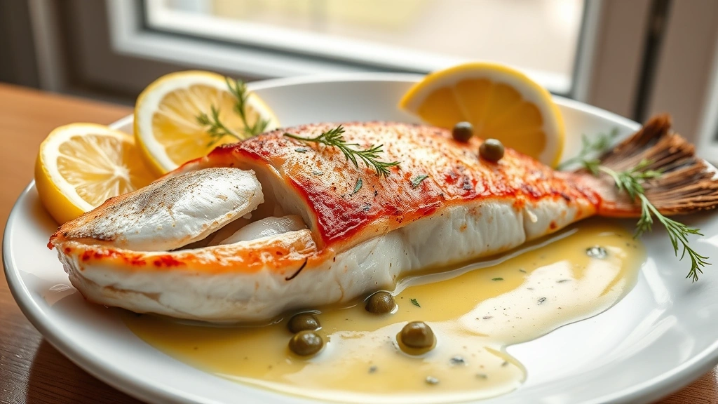 hero: perfectly seared red snapper fillet with crispy golden skin, silky lemon butter sauce with fresh herbs and capers, served on white plate with lemon wedges and fresh dill garnish, natural window light, no text, professional food photography