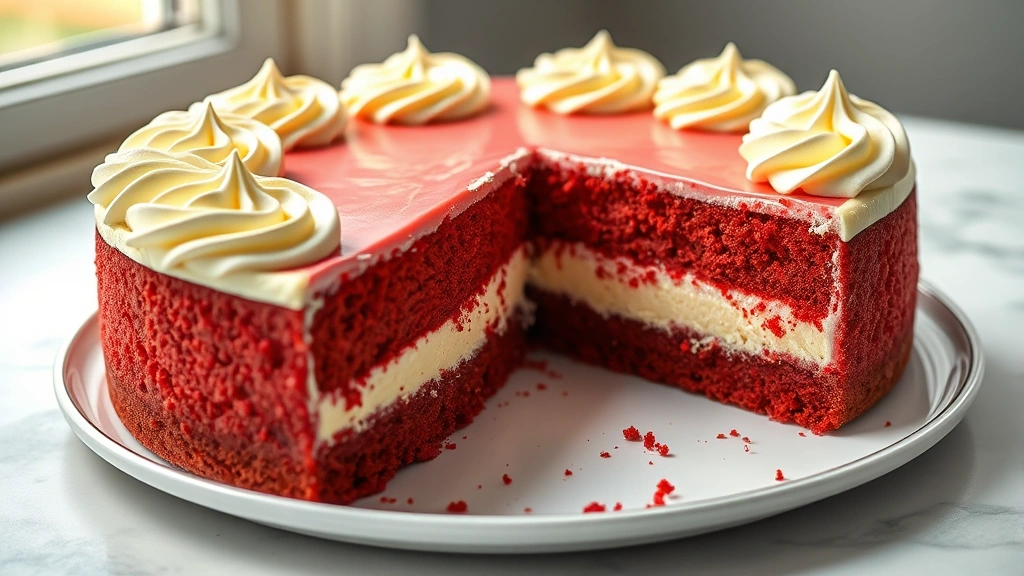 hero: elegant red velvet cheesecake with cream cheese frosting swirls on top, slice removed showing red cake layer and creamy cheesecake filling, photorealistic, natural window light, no text