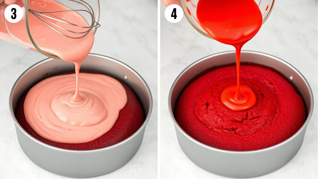 process: pouring red cheesecake batter over baked red velvet cake layer in springform pan, photorealistic, natural light, no text