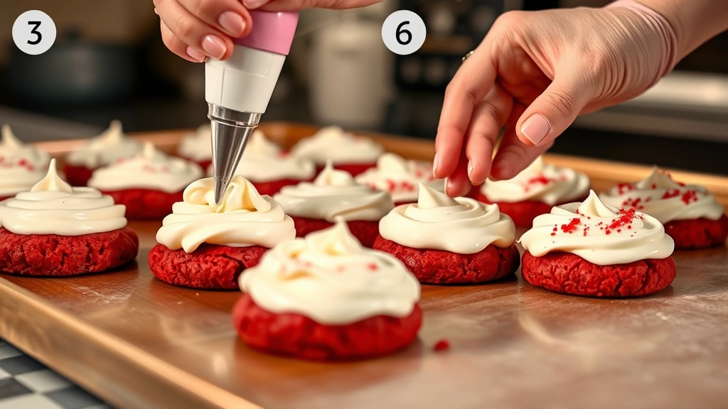 process: hands piping cream cheese frosting onto warm red velvet cookies, close-up action shot with warm kitchen lighting, no text