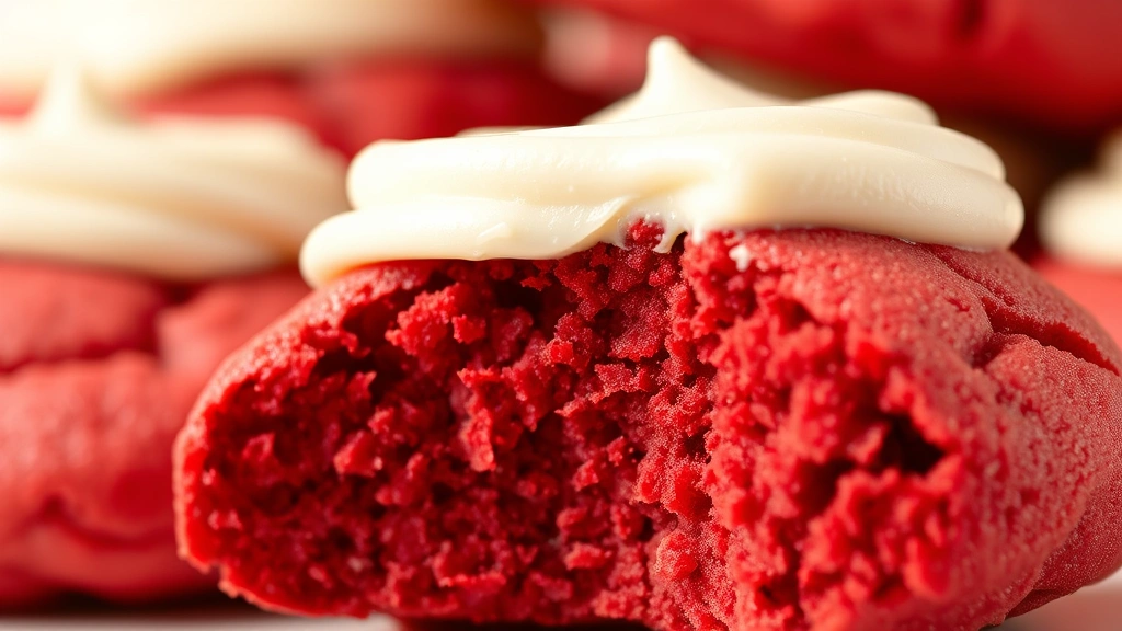 detail: single red velvet cookie with swirled cream cheese frosting topping, extreme close-up showing texture and crumb structure, bright natural daylight, no text