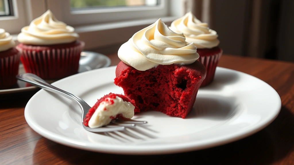hero: red velvet cupcakes with cream cheese frosting, close-up of cupcake with fork, natural window light, elegant white plate, no text