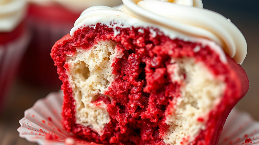 detail: extreme close-up of red velvet cupcake cross-section showing tender crumb, cream cheese frosting swirl on top, photorealistic, macro photography, no text