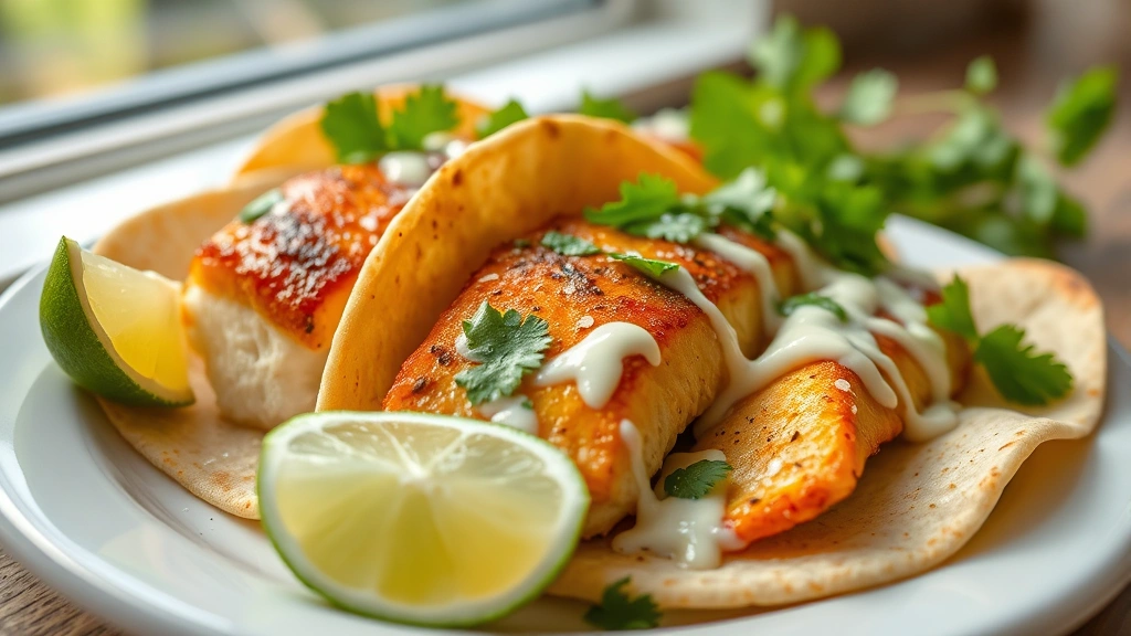 hero: beautifully plated redfish tacos on white plate with fresh lime wedge and cilantro, golden seared fish visible, creamy lime drizzle, warm tortillas, natural window light, flat lay angle