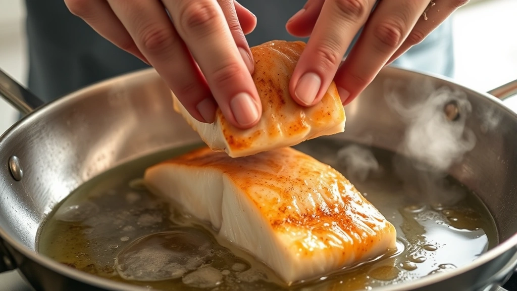 process: hands flipping golden seared redfish fillet in hot skillet with oil, close-up action shot, steam visible, natural kitchen light, showing perfect crust formation