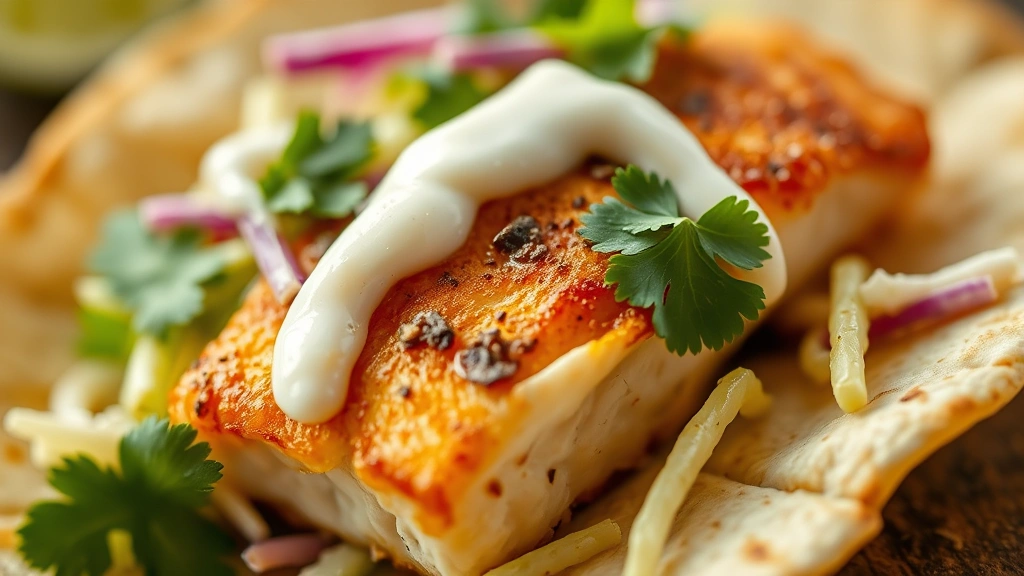 detail: close-up macro of perfectly seared redfish taco with layers of green cabbage slaw, lime crema drizzle, fresh cilantro, flaky fish texture visible, shallow depth of field, warm natural lighting