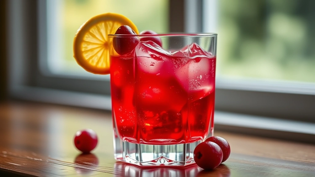 hero: vibrant ruby-red Redstone Light cocktail in rocks glass with fresh cranberries and lemon twist, ice cubes visible, photorealistic, natural light from window, no text