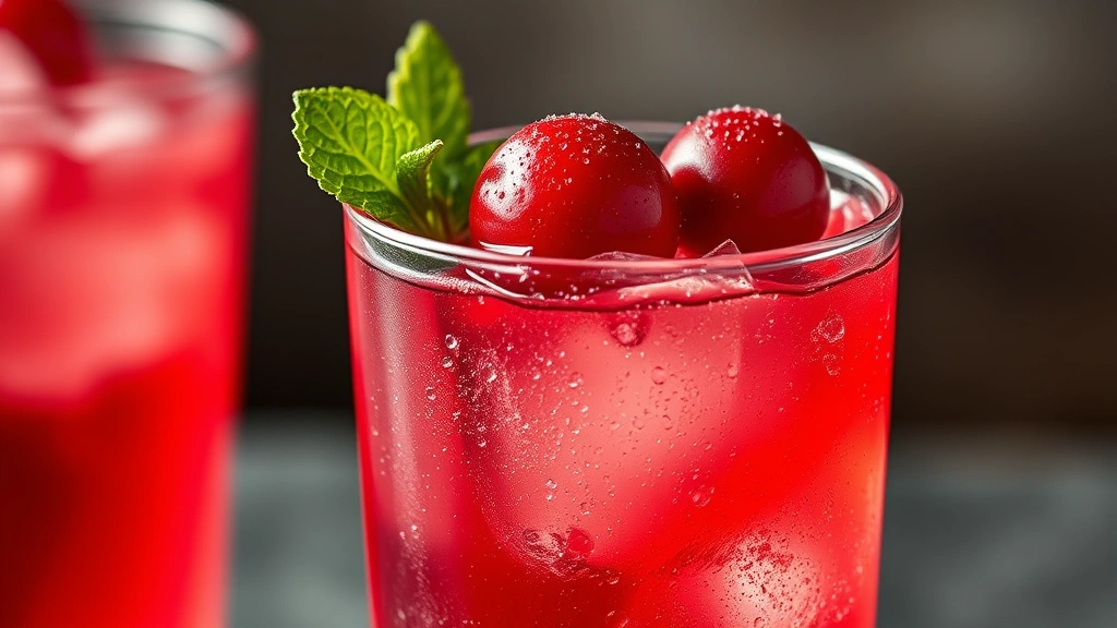 detail: close-up of finished Redstone Light cocktail showing deep red color, fresh cranberry garnish, condensation on glass, photorealistic, natural light, no text