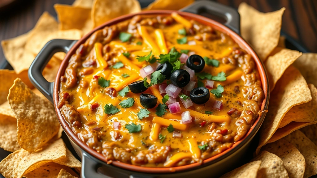 hero: golden-brown refried bean dip with melted cheddar cheese, topped with fresh cilantro, black olives, red onions, and tortilla chips arranged around a warm baking dish, photorealistic, natural light, no text