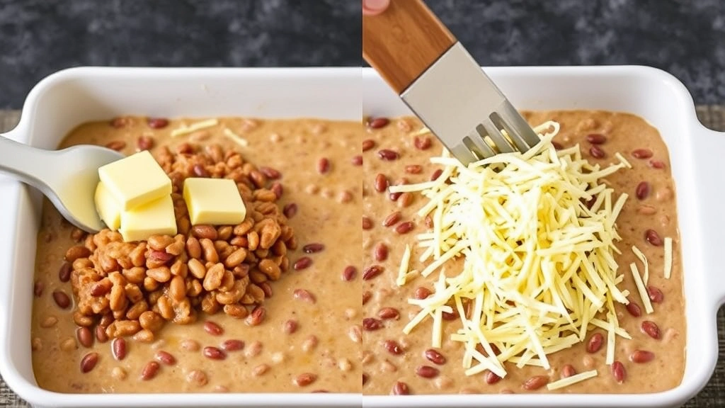 process: spreading creamy refried bean mixture into a baking dish, with melted butter and shredded cheese being added, photorealistic, natural light, no text