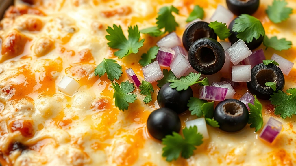 detail: close-up of the finished dip with bubbly melted cheese, fresh cilantro garnish, black olives, and diced red onions, photorealistic, natural light, no text