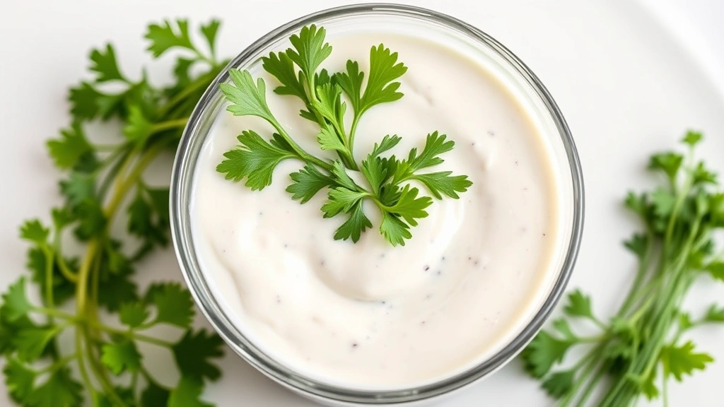 hero: creamy ranch dressing in a glass bowl with fresh herb garnish on top, surrounded by fresh parsley and chives, photographed from directly above with natural window light, white ceramic background, no text