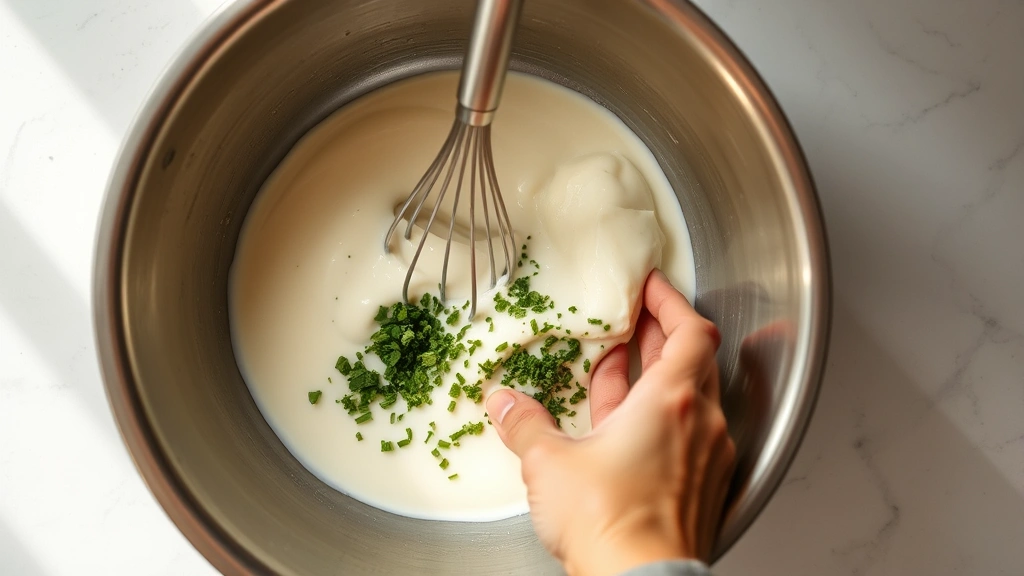 process: hands whisking mayo and buttermilk together in a stainless steel bowl with fresh chopped herbs visible, natural overhead lighting, minimalist kitchen counter, no text