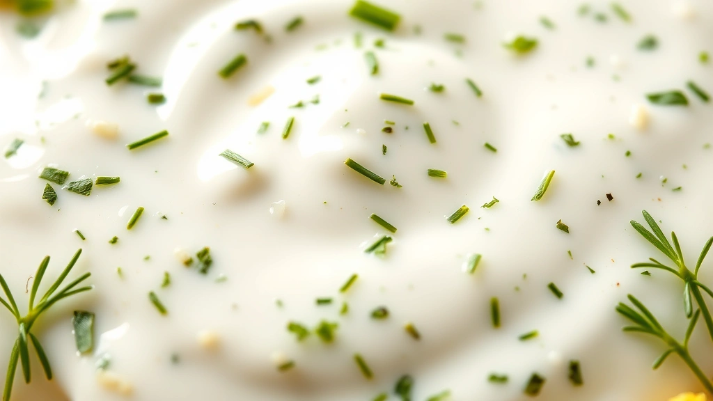 detail: close-up macro shot of creamy ranch dressing with visible flecks of fresh green herbs and dill throughout, professional food photography, shallow depth of field, natural sunlight, no text