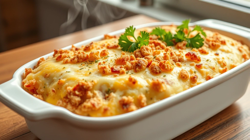 hero: golden-brown reuben casserole in white ceramic dish, bubbling cheese and breadcrumb topping, steam rising, fresh parsley garnish, natural window light, wood table background, no text