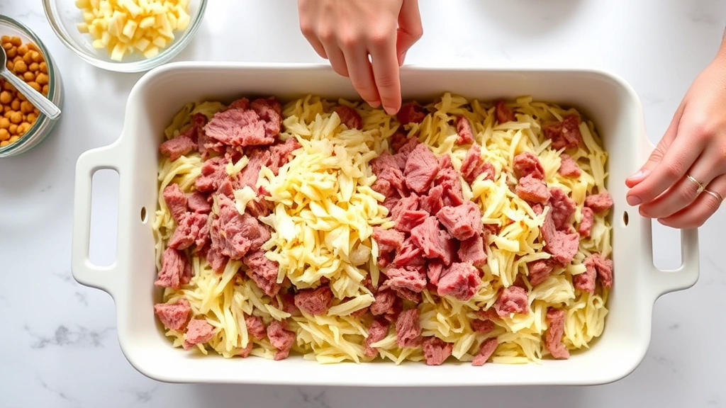 process: layering corned beef and sauerkraut in baking dish, hands assembling casserole, ingredients visible, bright kitchen light, natural daylight, overhead angle, no text