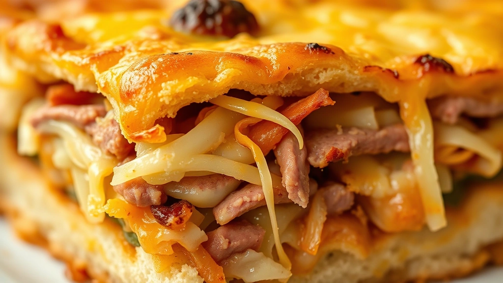 detail: close-up of baked casserole corner showing layers of bread, corned beef, sauerkraut and cheese, golden crust, melted cheese strings visible, natural light, shallow depth of field, no text