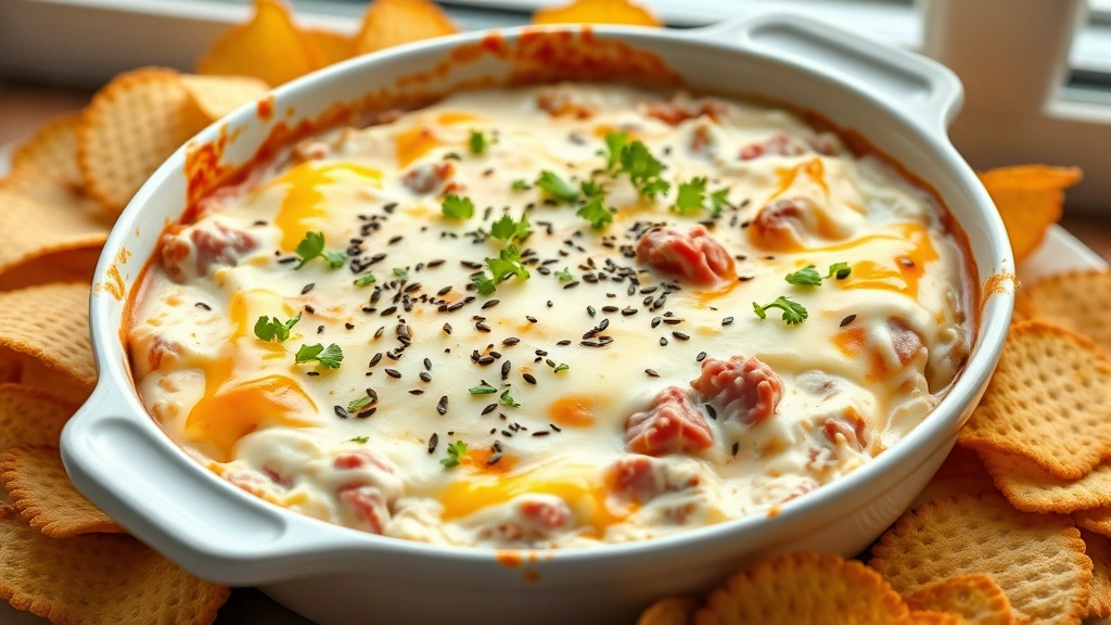 hero: creamy Reuben dip in white baking dish with melted Swiss cheese on top, golden brown, garnished with fresh parsley and caraway seeds, surrounded by rye chips and crackers, photorealistic, natural window light, no text