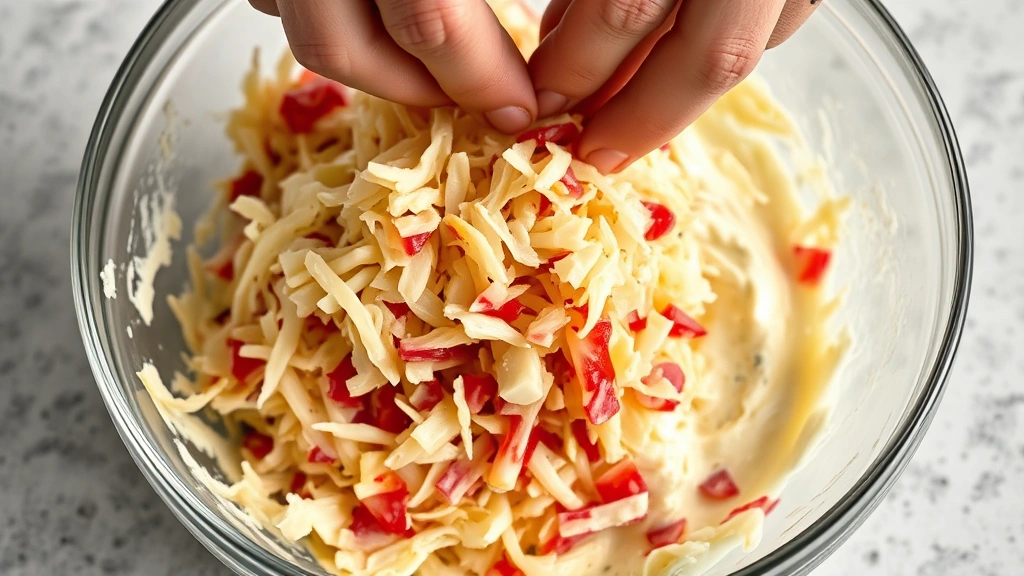 process: hands folding sauerkraut into cream cheese mixture in clear glass bowl, showing texture and ingredients, photorealistic, bright kitchen lighting, no text