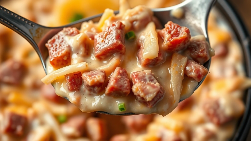 detail: close-up spoonful of Reuben dip showing creamy texture with chunks of corned beef and sauerkraut, melted Swiss cheese, photorealistic, shallow depth of field, no text