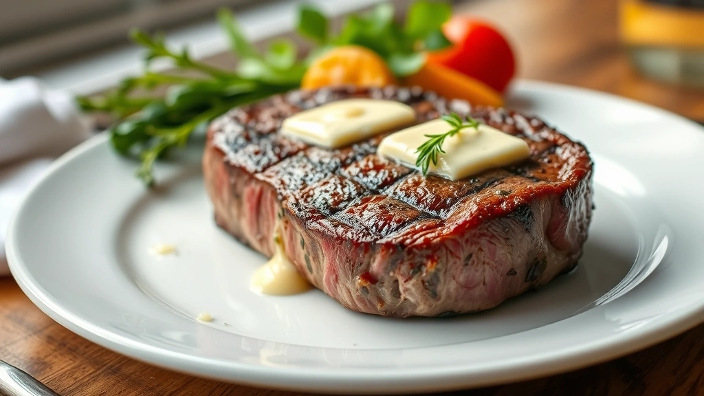 hero: perfectly reverse seared steak on white plate with herb butter glossy crust, photorealistic, natural window light, no text