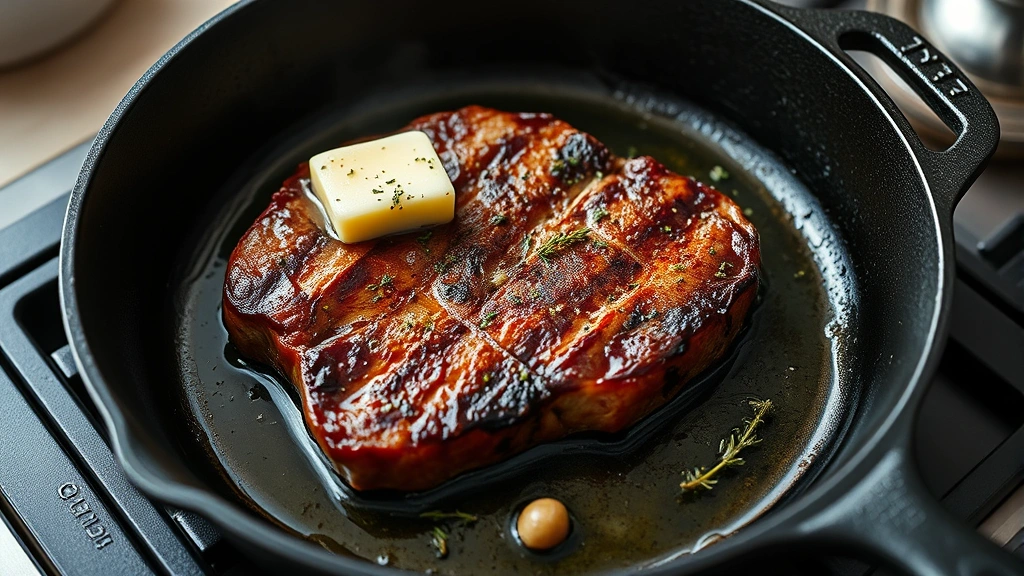 process: cast iron skillet with steak searing butter basting garlic thyme, photorealistic, natural light, no text